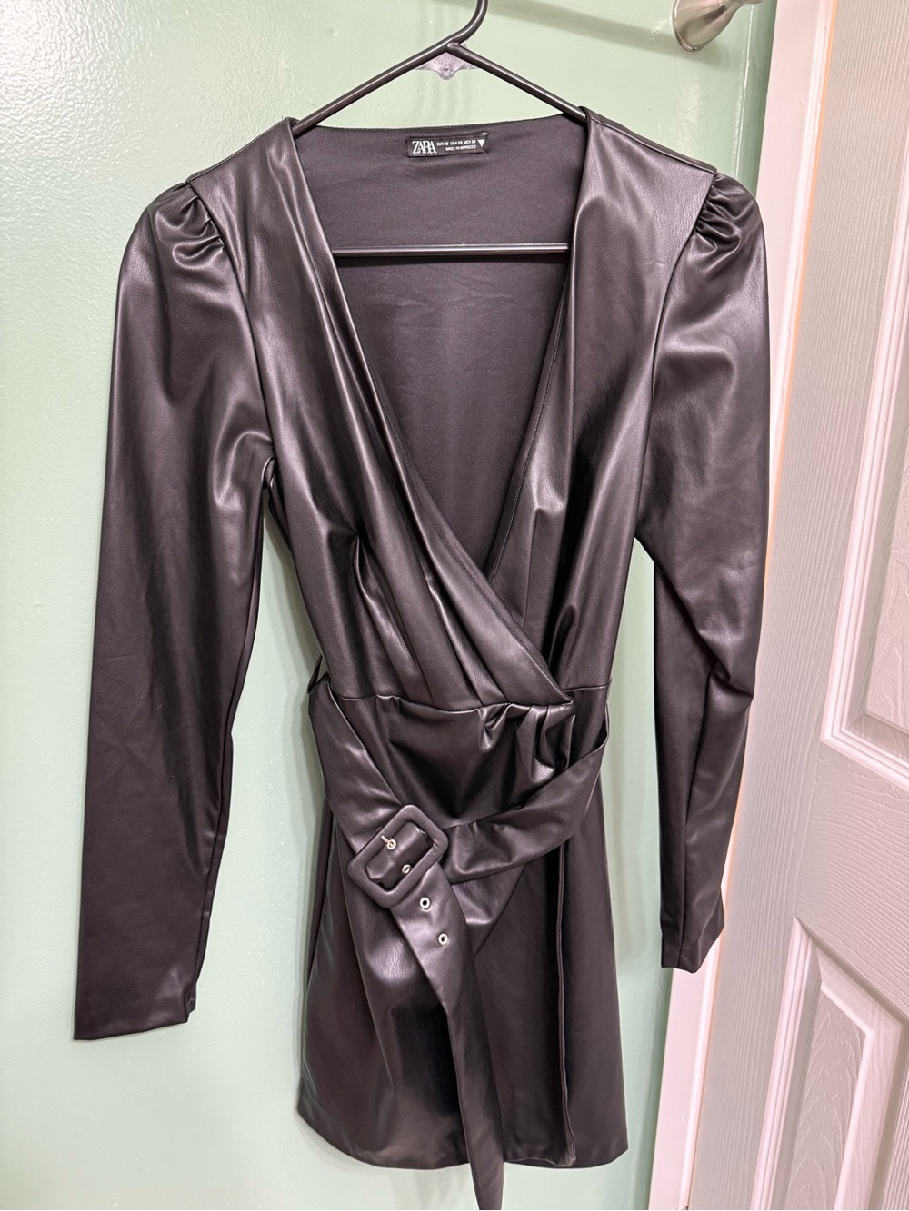 Zara Black Faux-Leather Wrap Belted Mini Dress